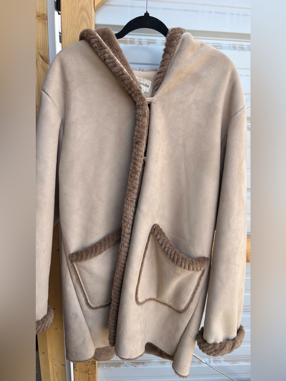 St. John’s Bay Women’s Heavy Hooded Faux Shearling Coat in Beige
